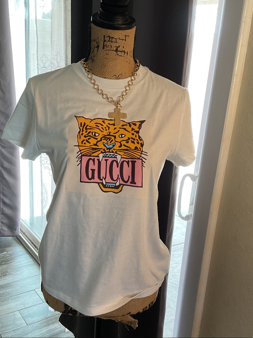 Gucci White Tee with Yellow Tiger and Pink Logo Panel